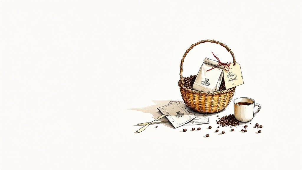 A beautifully arranged coffee gift hamper with various coffee accessories and treats.