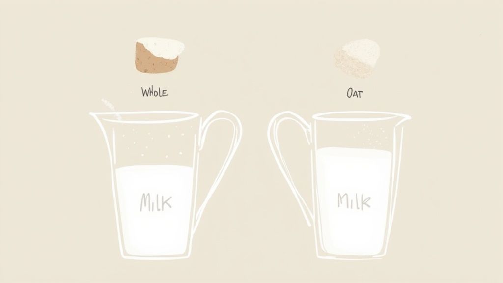 Illustration comparing whole milk and oat milk in two pitchers, with icons for each type.