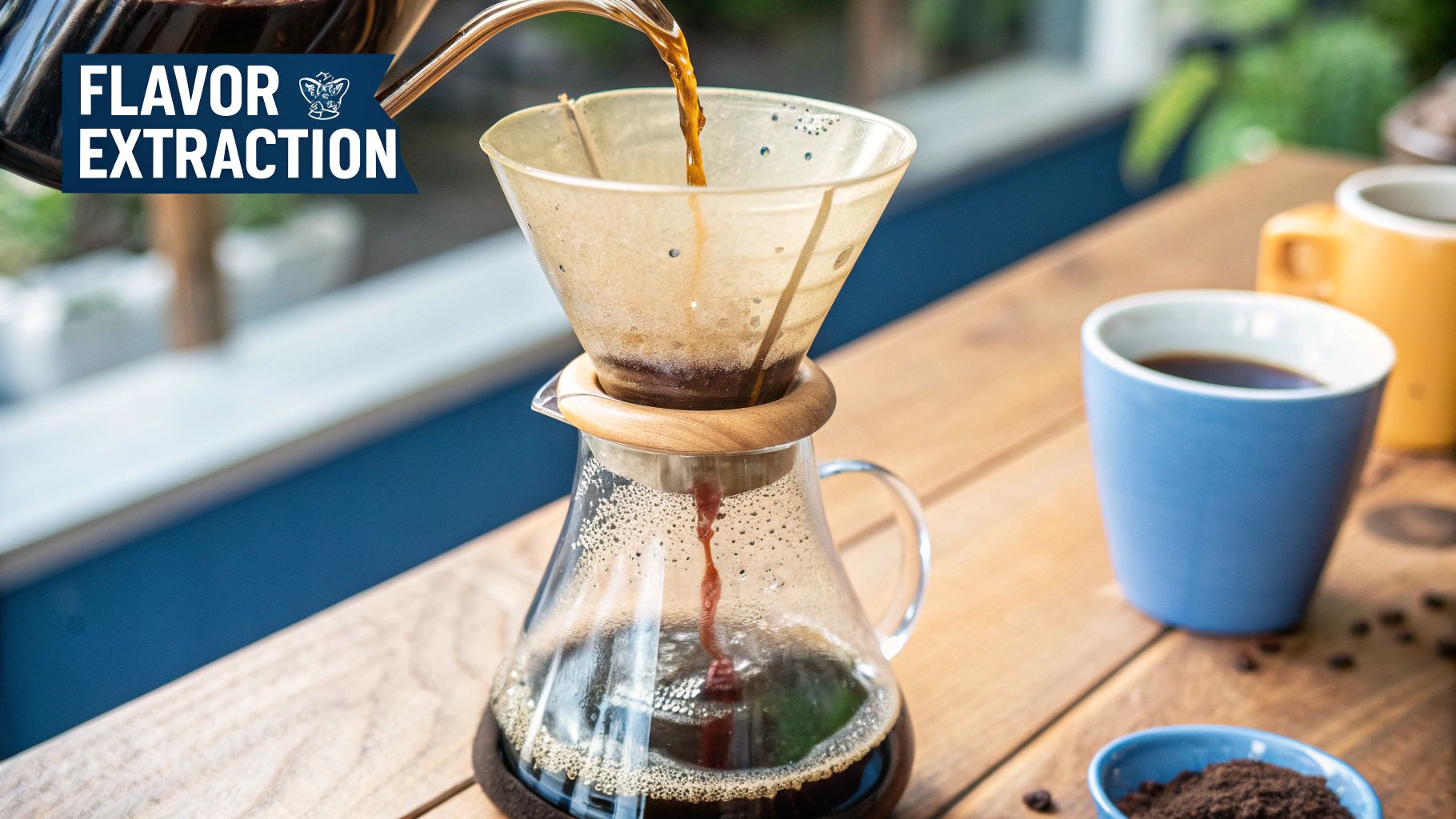 A barista carefully pouring hot water over coffee grounds in a V60 brewer.