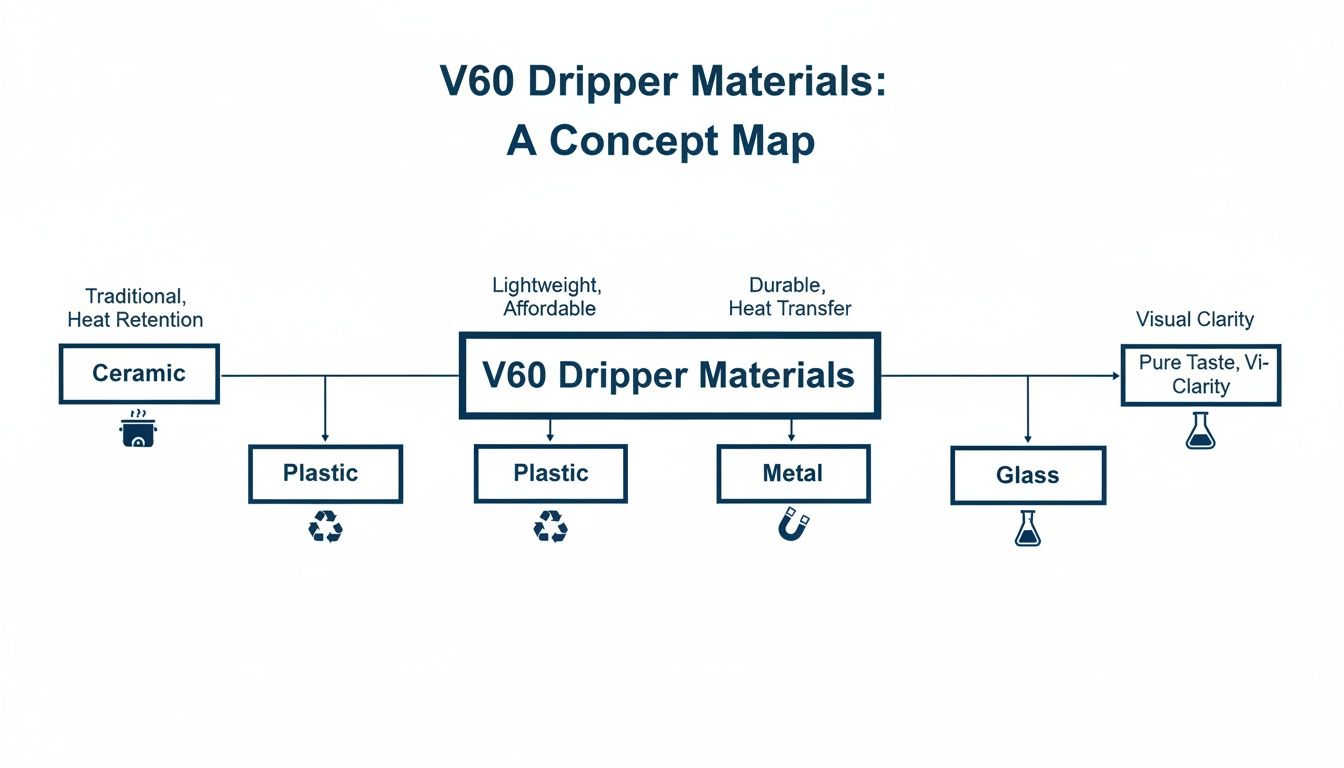 A concept map illustrating V60 coffee dripper materials like ceramic, plastic, metal, and glass, with their properties.