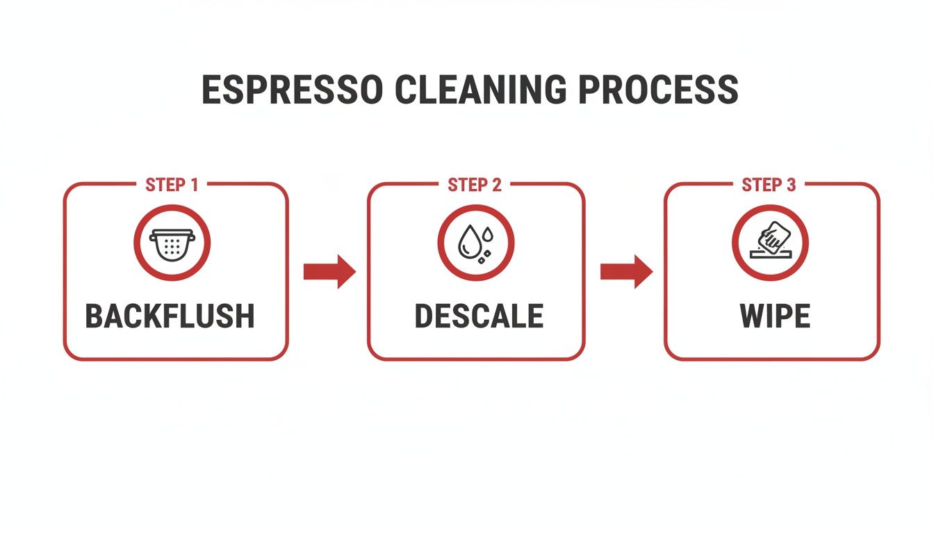 An infographic illustrating the three steps of espresso machine cleaning: backflush, descale, and wipe.