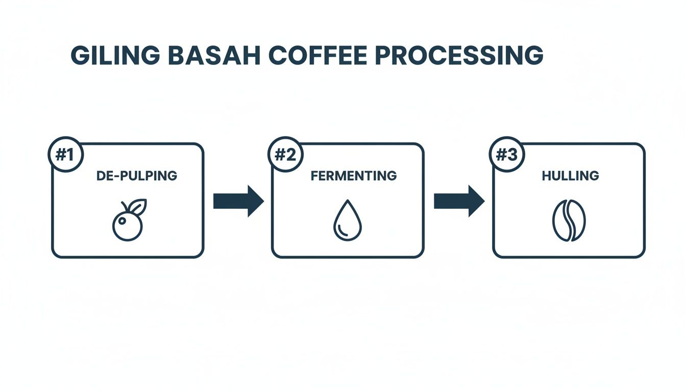 A diagram illustrating the Giling Basah coffee processing method with de-pulping, fermenting, and hulling stages.