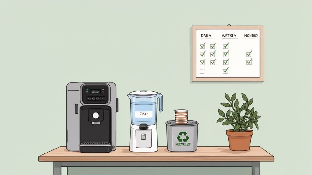 An office desk with a coffee maker, water filter pitcher, recycling bin, plant, and checklist.