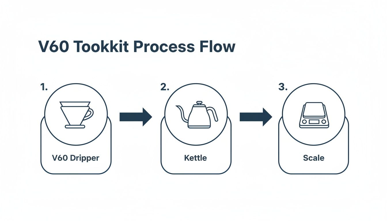 A V60 coffee toolkit process flow diagram showing a dripper, kettle, and scale in sequence.