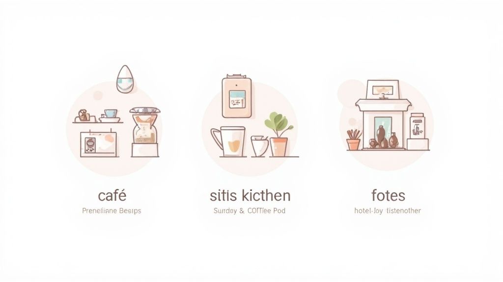 Three minimalist line-art illustrations showcasing a cafe setup, kitchen items, and a cozy home interior.