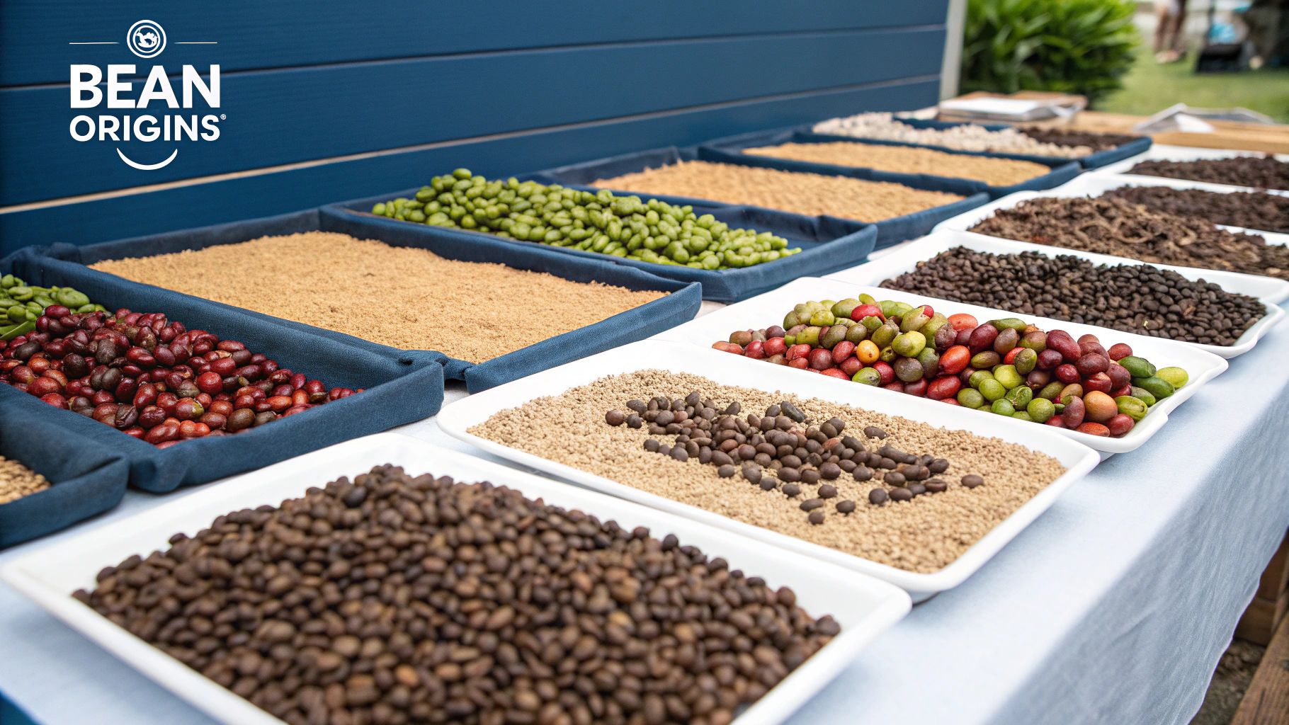 A world map made out of coffee beans, highlighting key coffee-growing regions.
