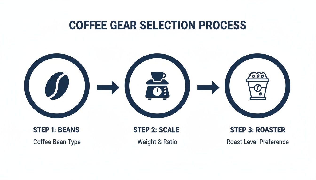 A three-step flowchart illustrating the coffee gear selection process: beans, scale, and roaster.