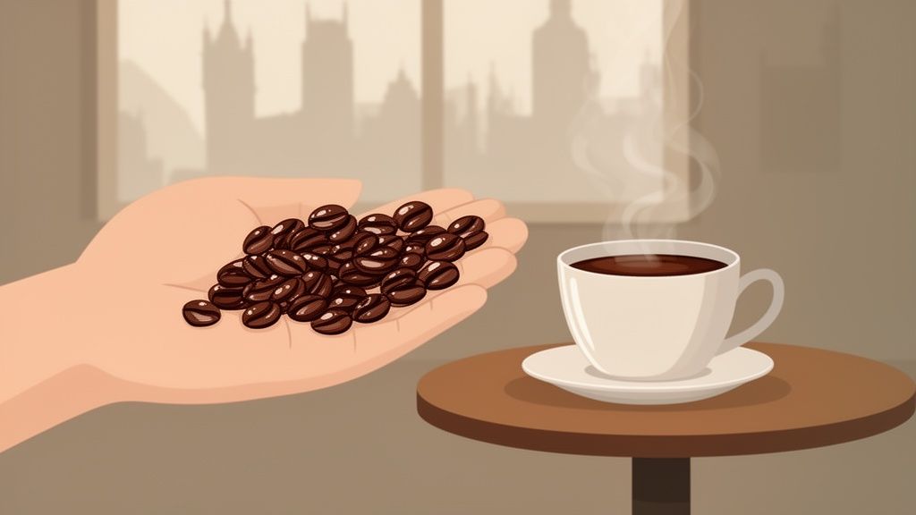 A hand holds a pile of roasted coffee beans next to a steaming cup of coffee.