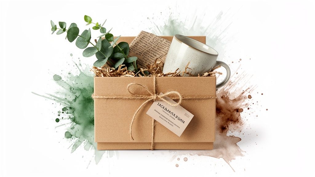 A thoughtful brown gift box with eucalyptus, a mug, and twine, surrounded by watercolor splashes.