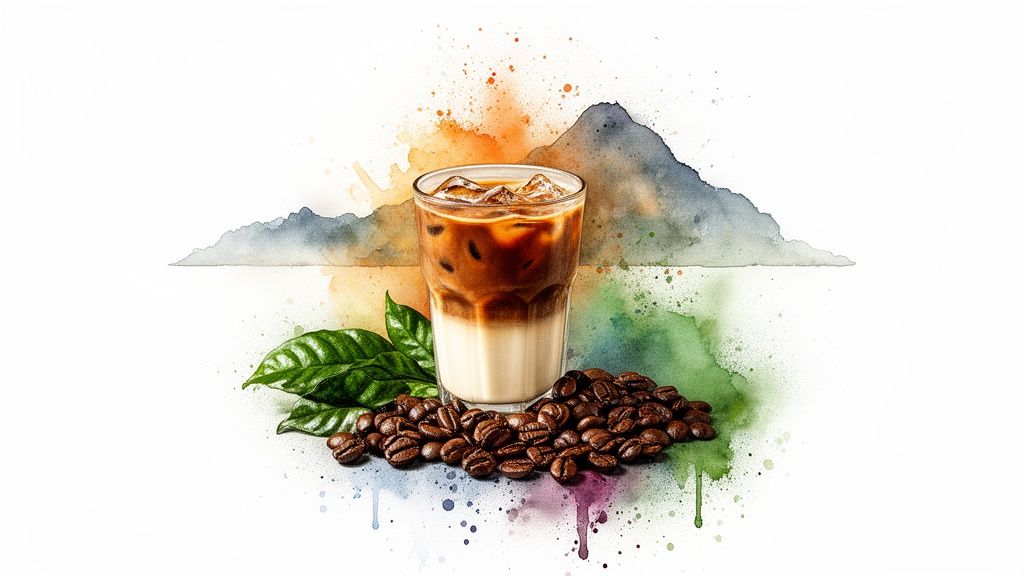 Refreshing iced coffee with milk, coffee beans, and green leaves, artistically set against a vibrant watercolor mountain background.