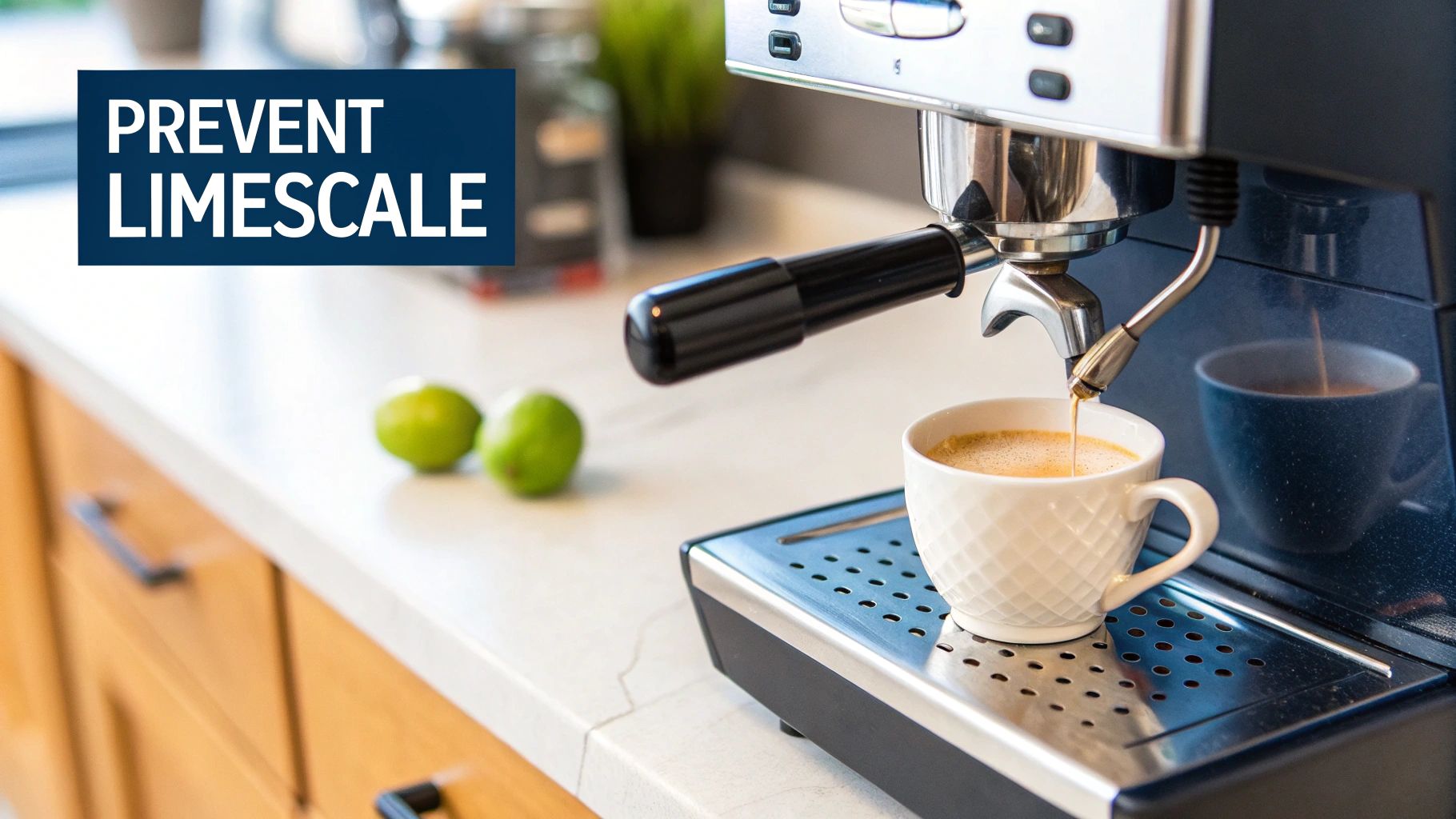 A clean coffee machine with a freshly brewed cup of coffee next to it.