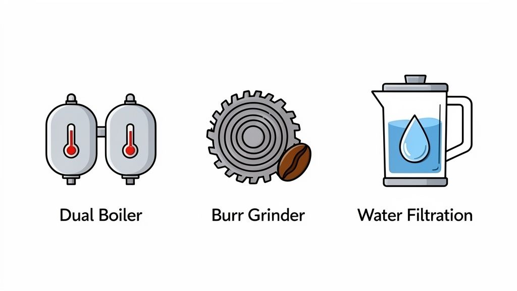 Icons illustrating coffee machine features: dual boiler, burr grinder, and water filtration system.