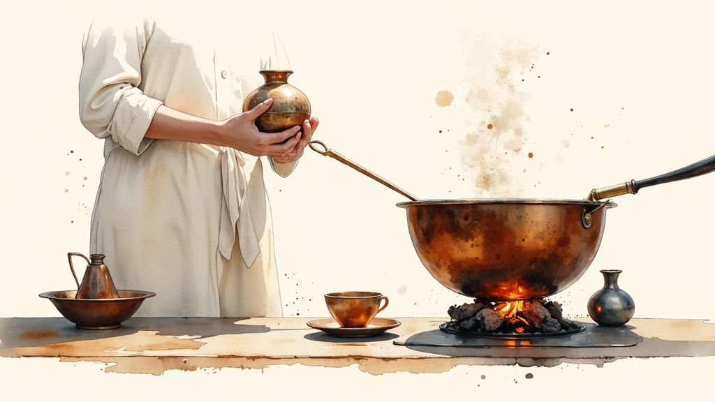 Person prepares traditional coffee in brass pots over a small fire, with steam rising.