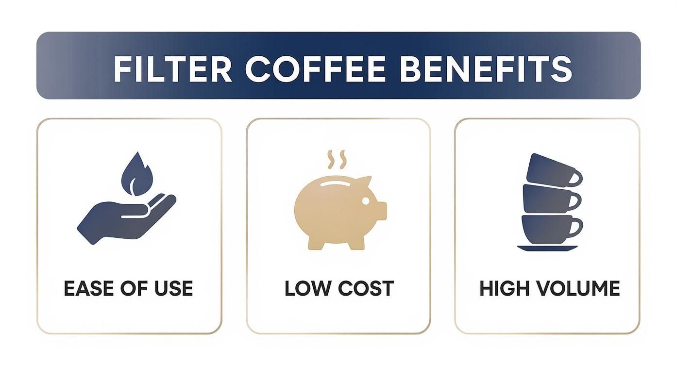 Infographic detailing the benefits of filter coffee, including ease of use, low cost, and high volume.