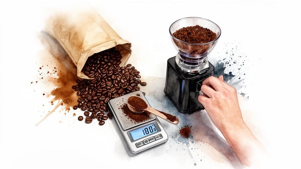 Watercolor illustration of coffee beans spilling from a bag, ground coffee on a scale, and a hand grinding beans.