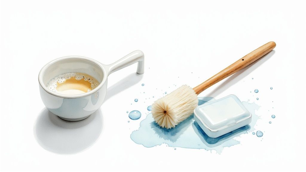A ceramic coffee cup, a wooden cleaning brush, a soap dish, and water splashes on a white background.