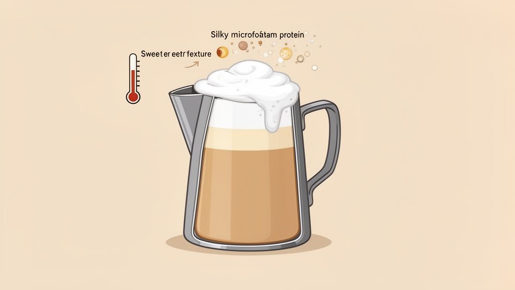 An illustrated pitcher shows layered coffee with thick microfoam, a thermometer indicating heat for a sweeter, silky texture.