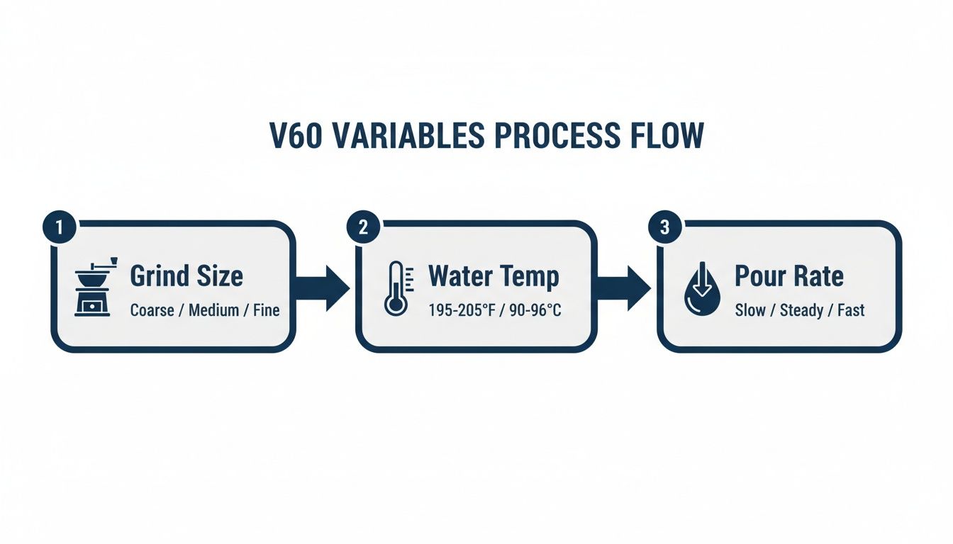Flowchart showing V60 coffee variables: Grind Size, Water Temp, and Pour Rate process.
