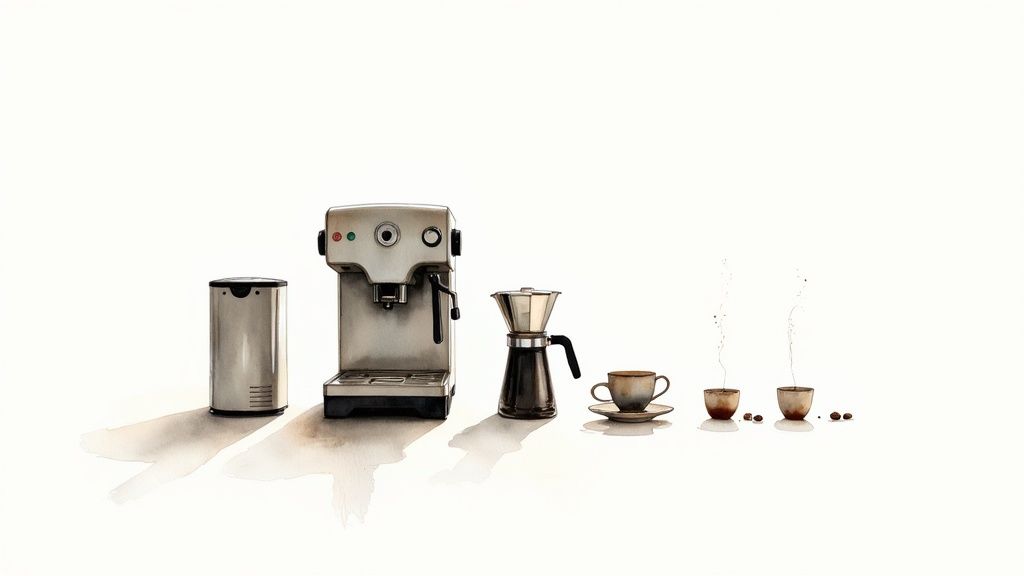 A watercolor painting featuring various coffee makers, cups, and beans on a white background.