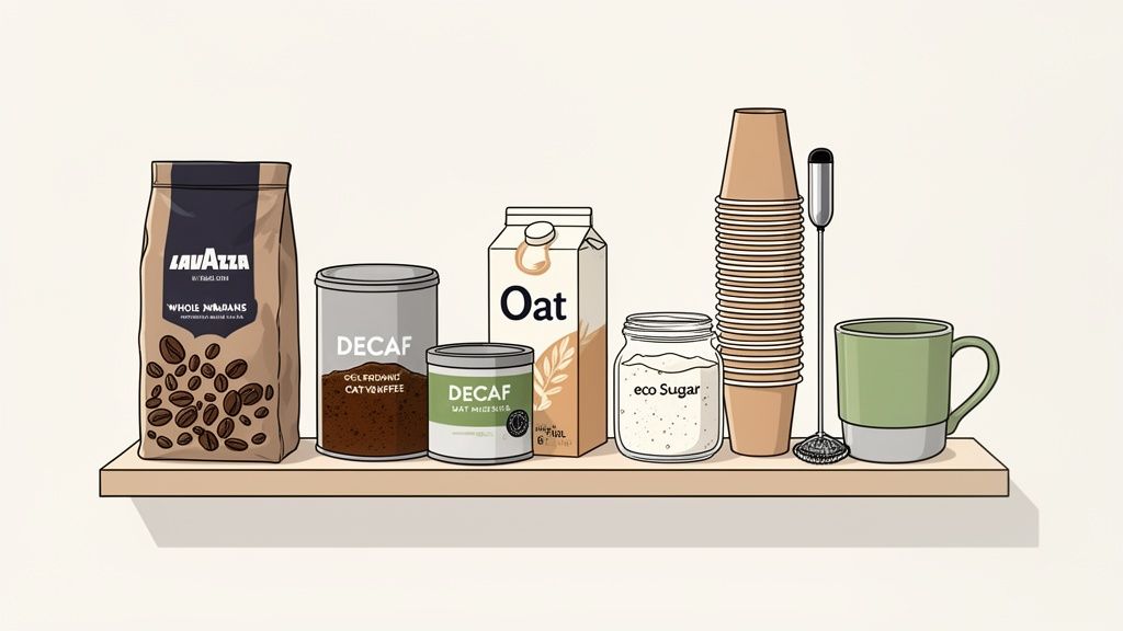 Various coffee supplies including beans, decaf, oat milk, sugar, cups, frother, and a mug on a shelf.