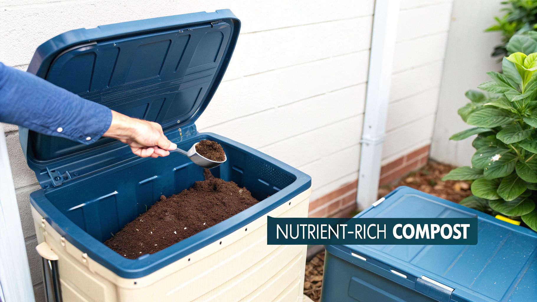 A close-up shot of used coffee grounds being held in a person's hands over a compost bin full of kitchen scraps and leaves.