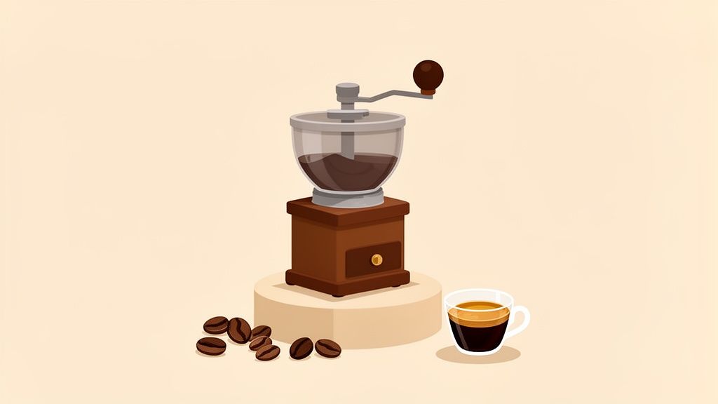 An illustration of a classic coffee grinder, roasted coffee beans, and a fresh cup of espresso.