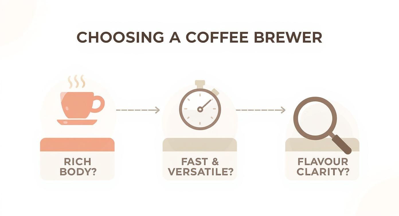 Infographic showing factors to consider when choosing a coffee brewer: rich body, speed, versatility, and flavor clarity.