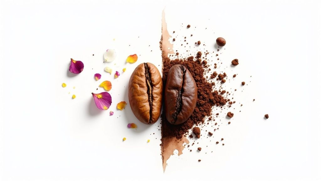 Two coffee beans (light and dark roast) with scattered flower petals and ground coffee on white.