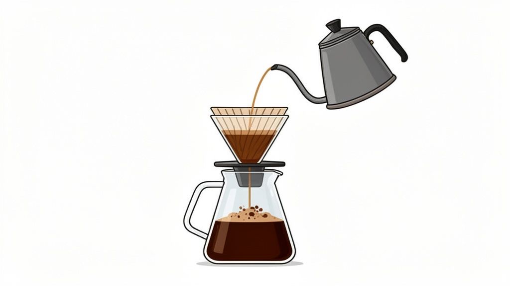 A gooseneck kettle pours hot water into a pour-over coffee filter and glass carafe.