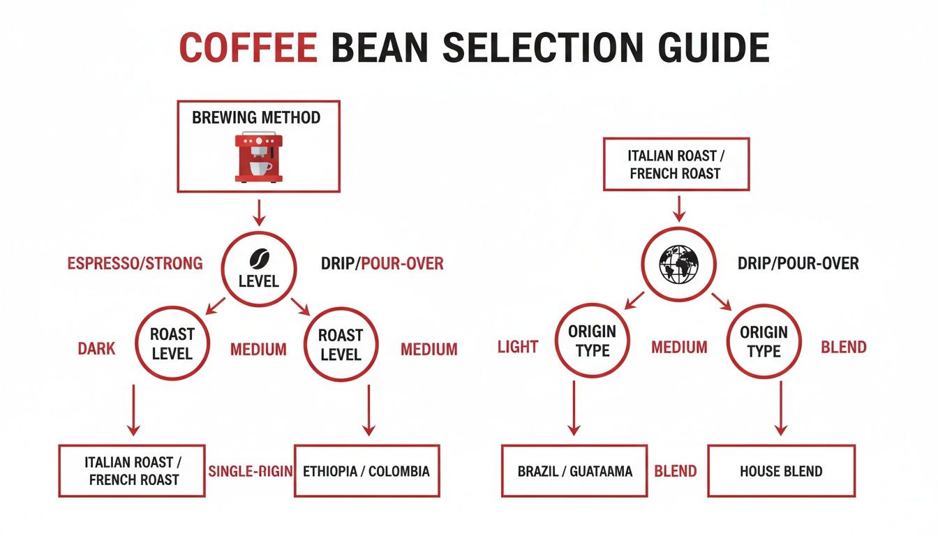 A coffee bean selection guide flowchart illustrating choices based on brewing method, roast level, and origin type.