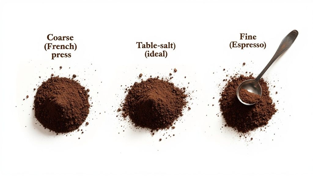 A hand holding coffee grounds showing the ideal moka pot grind size