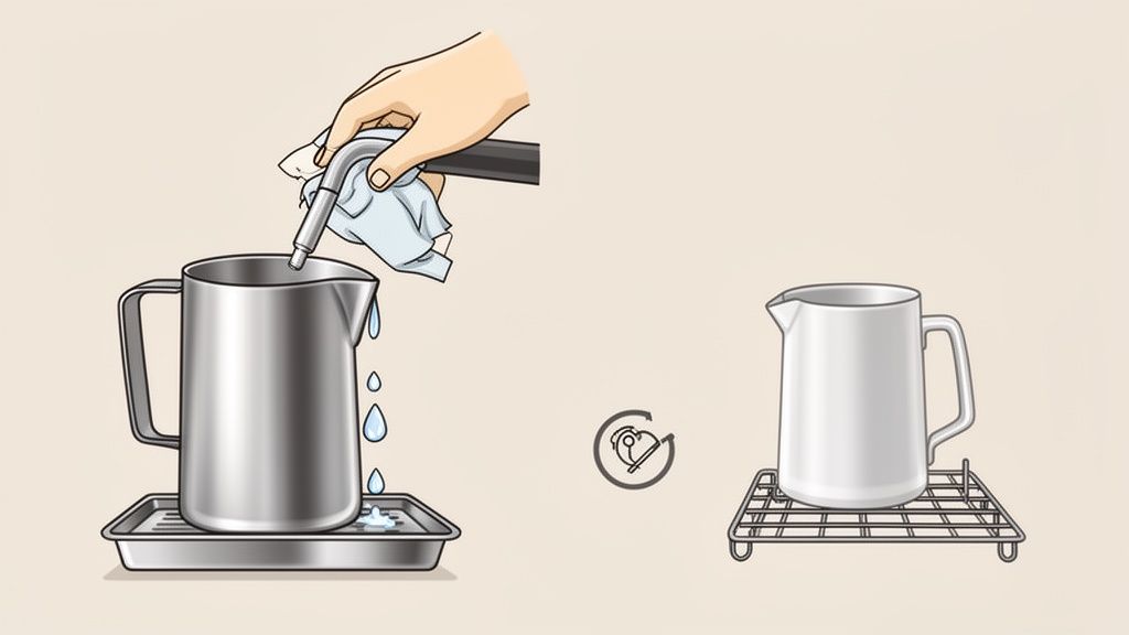 Cleaning a coffee steam wand with a cloth, while a milk pitcher dries on a metal rack.