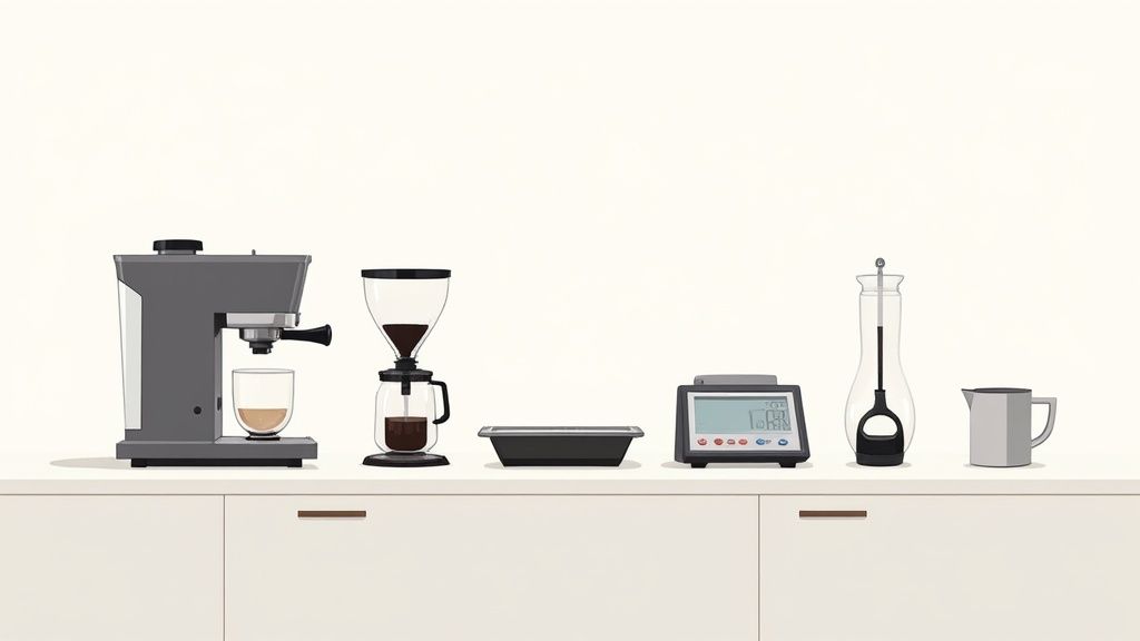 A collection of various coffee brewing equipment including an espresso machine and pour-over setup on a white counter.