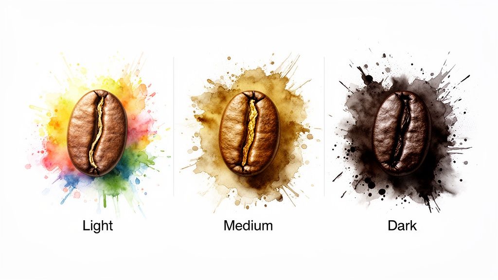 Three coffee beans illustrate light, medium, and dark roasts with colorful watercolor splashes.