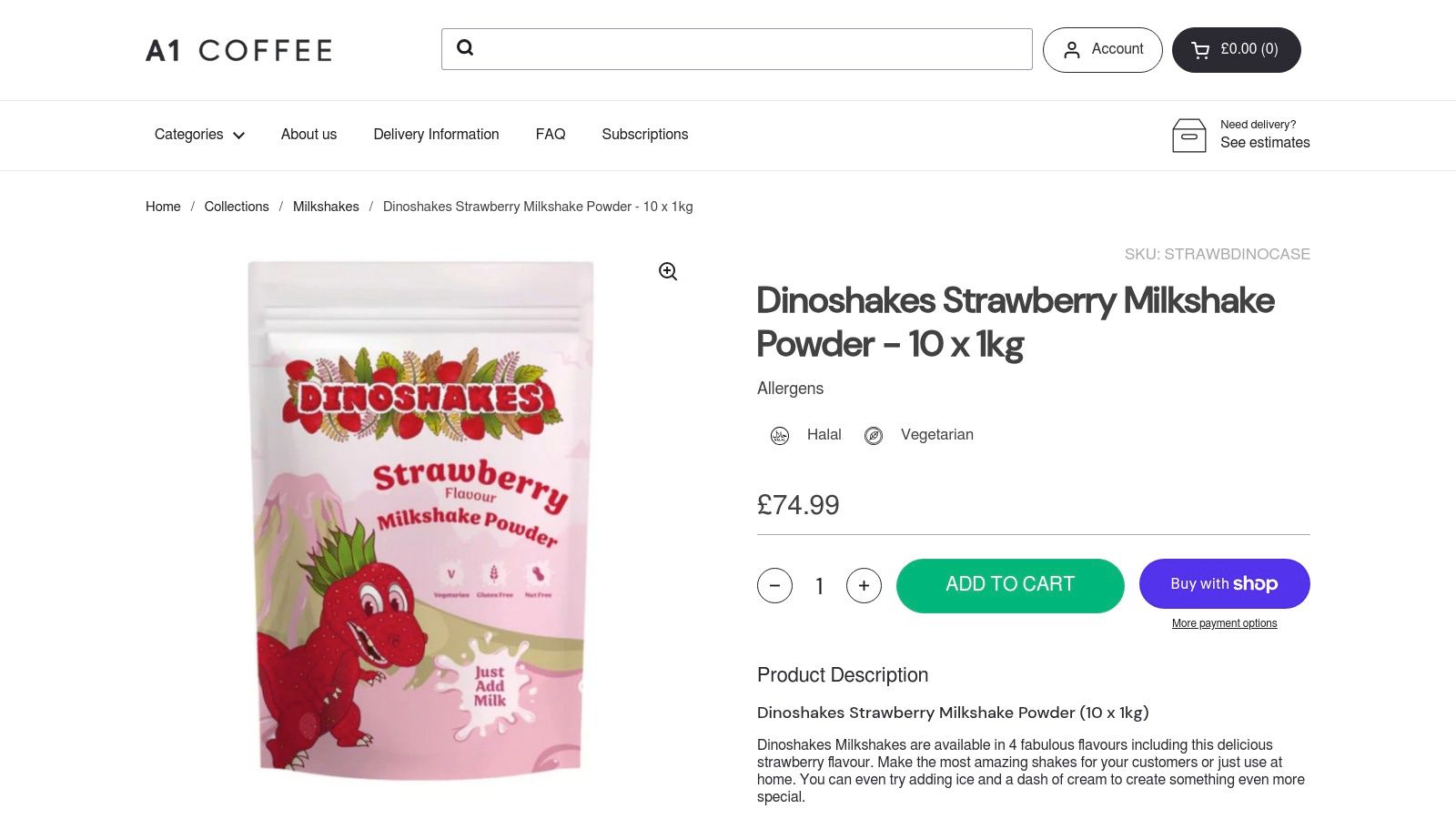 A1 Coffee Dinoshakes milkshake powder product page