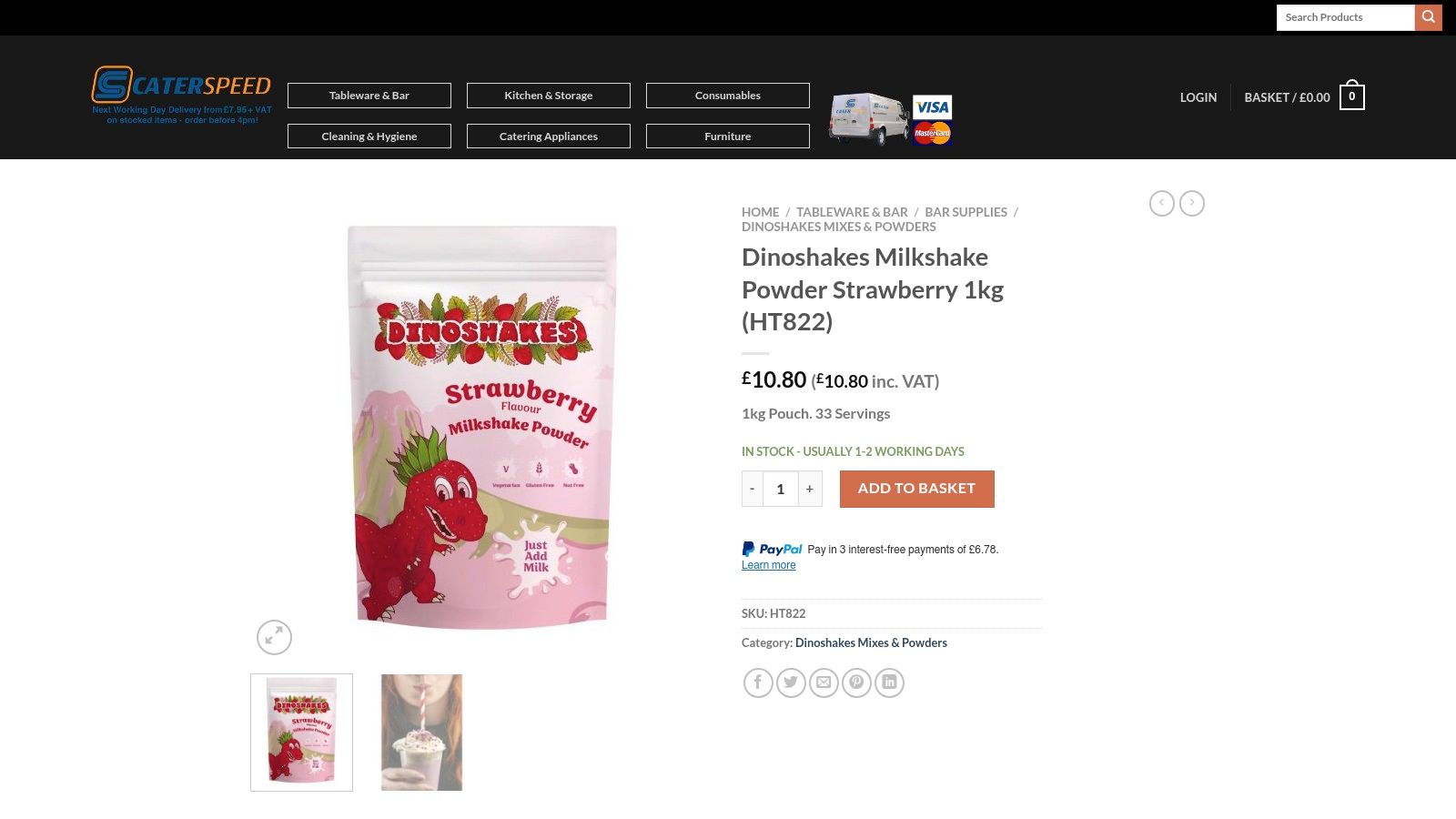 CaterSpeed product page for Dinoshakes milkshake powder