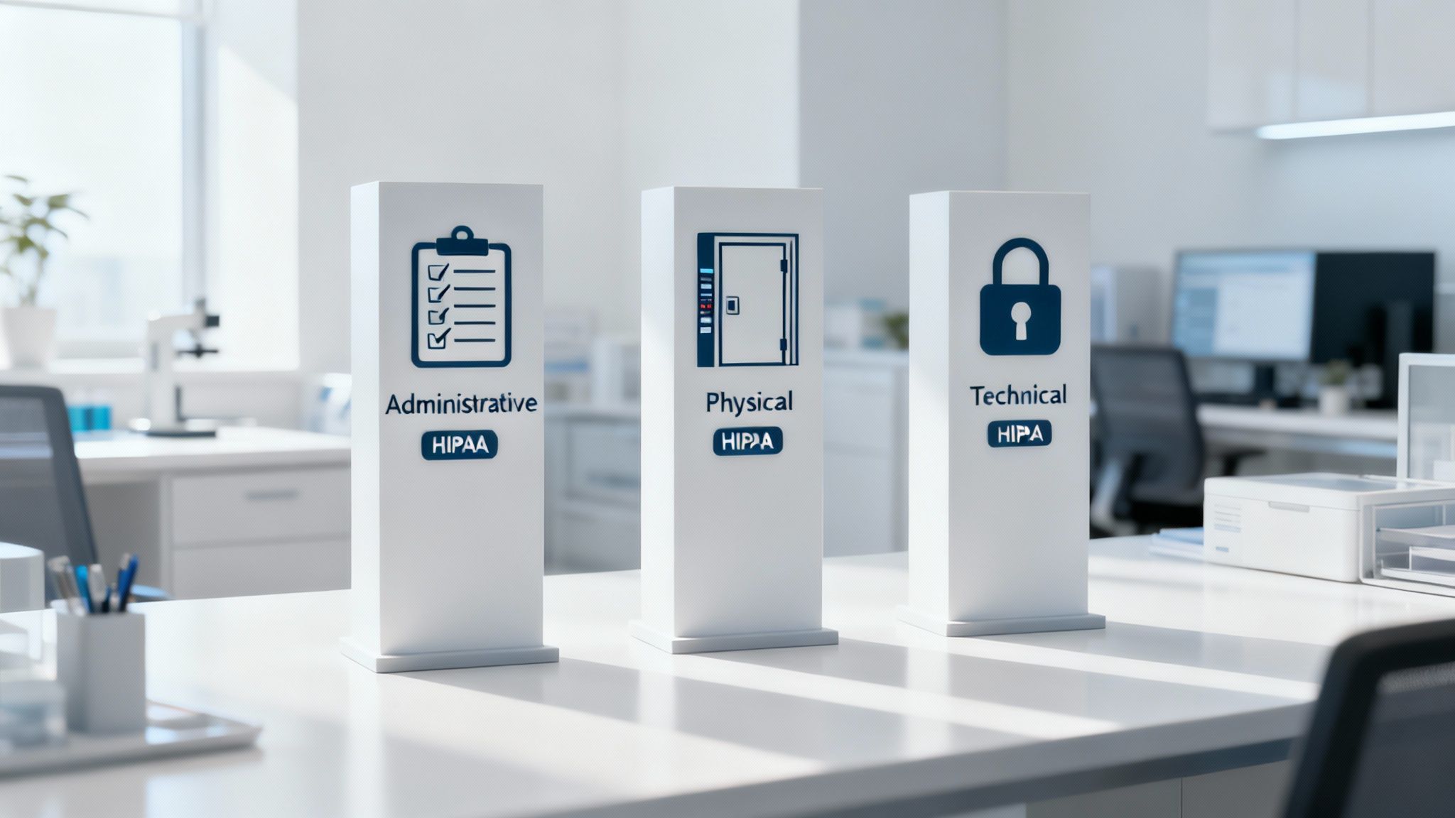 A digital illustration of a shield with a lock, protecting data streams flowing into a cloud, symbolizing the HIPAA Security Rule.