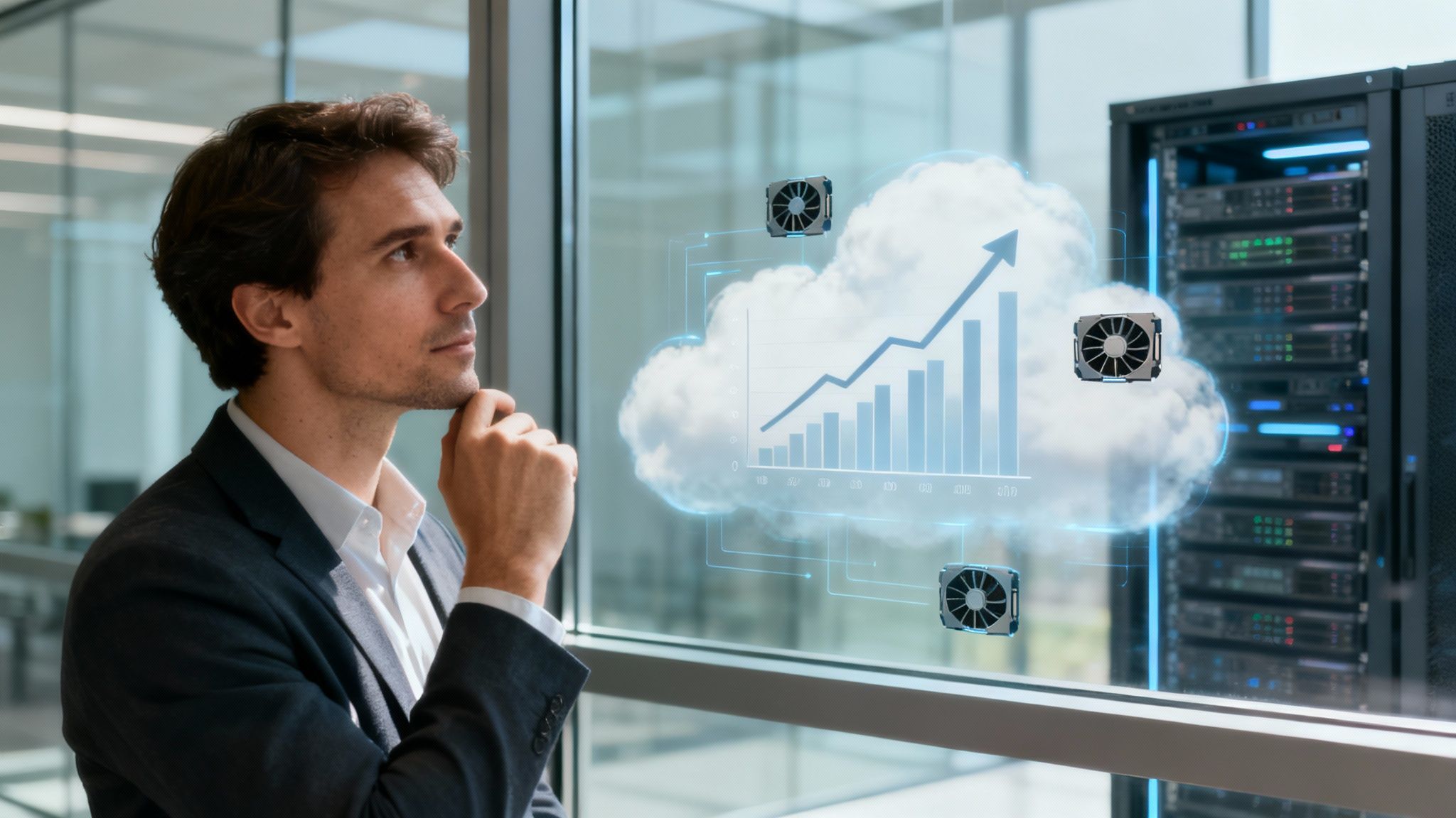 A person working on a laptop with cloud computing icons floating around.