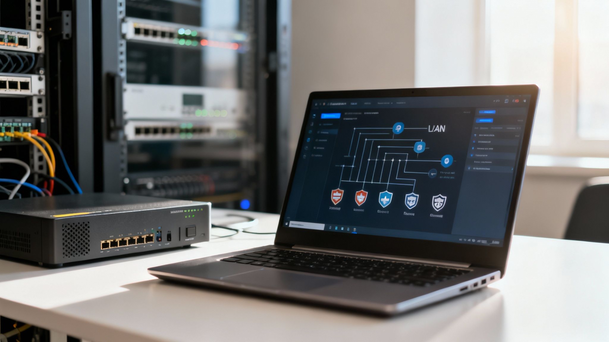 Laptop displaying a network diagram next to a network switch with server racks in the background.