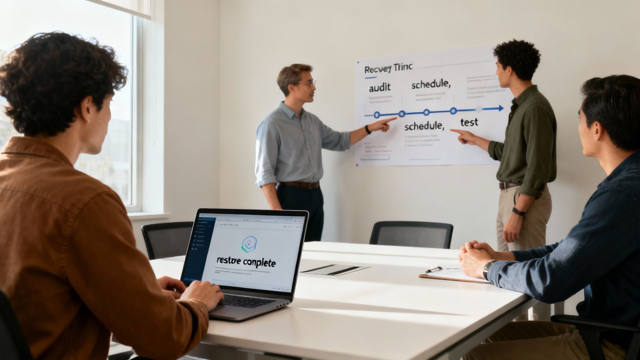 An IT professional at a desk, outlining a data backup plan on a digital tablet, with network diagrams in the background.