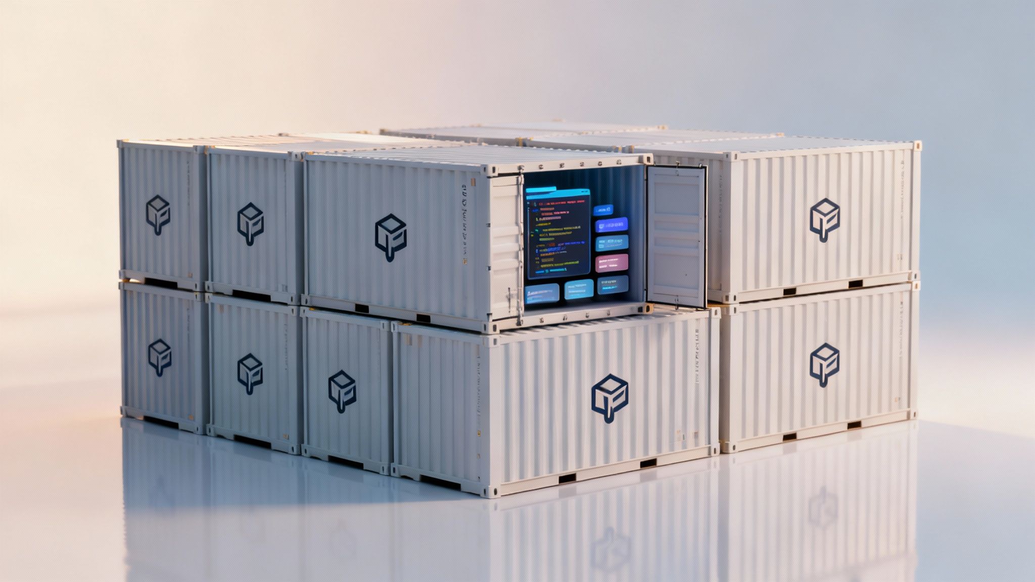 Modern white software containers stacked, one revealing glowing code and UI for system modernization.