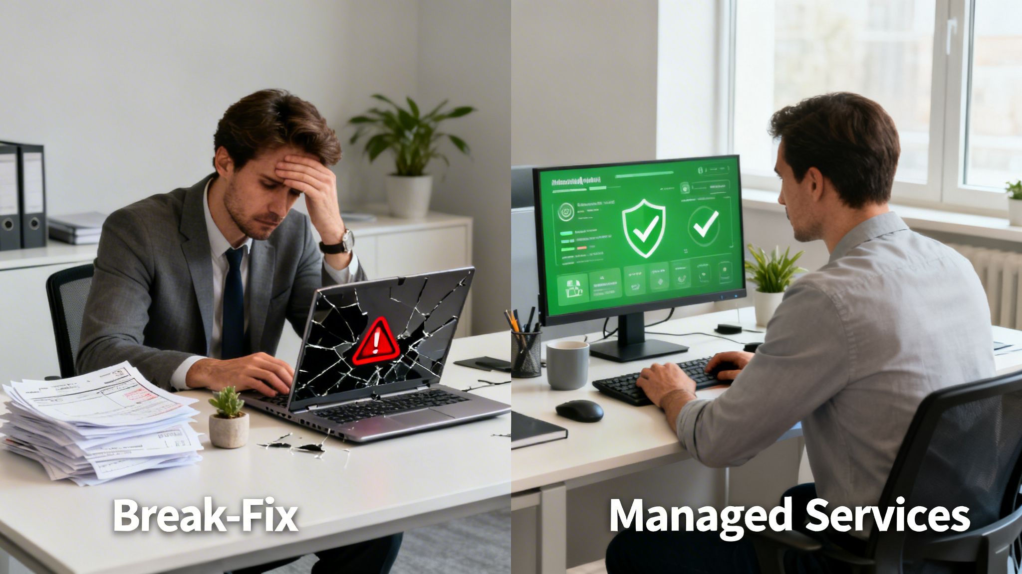 A frustrated man with a broken laptop represents break-fix, contrasting a calm man using a secure system (managed services).