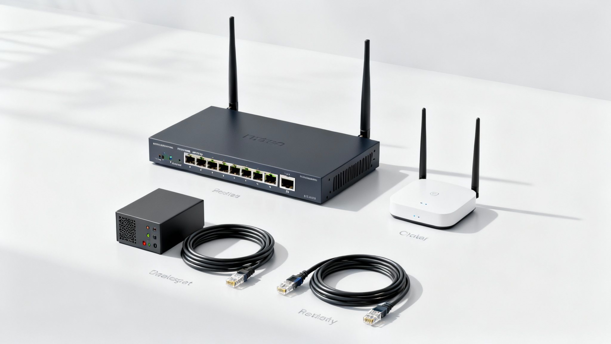 A diagram showing the different hardware components of a network infrastructure connected together.