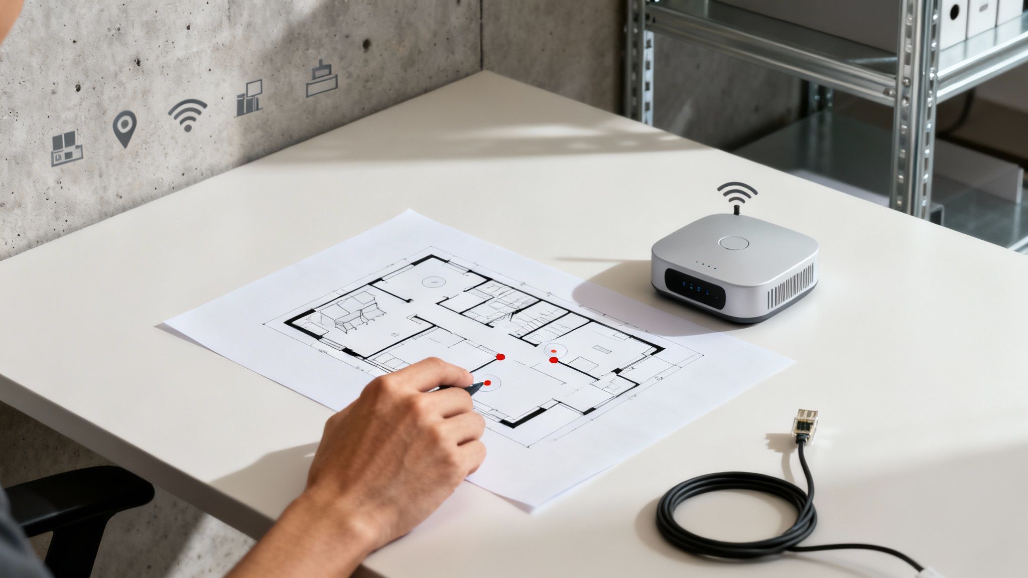 A professional installing a wireless access point on a ceiling.