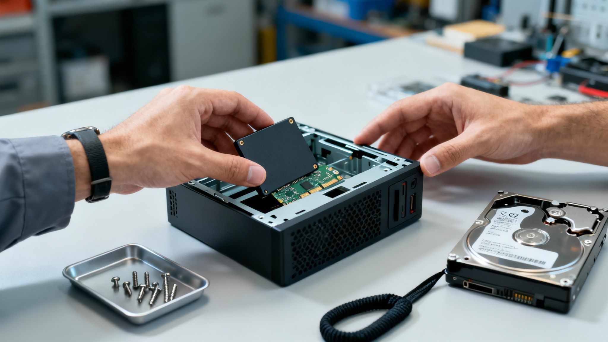 Close-up of hands installing an SSD into a small computer case on a workbench.