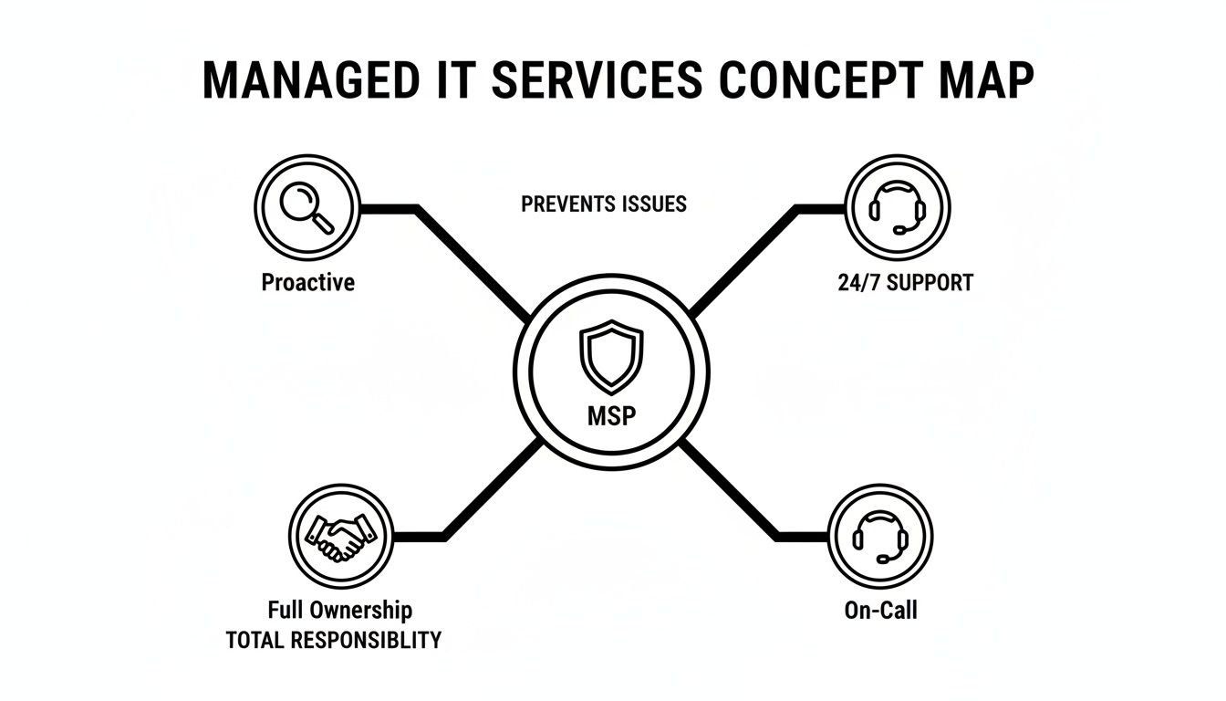 A concept map showing Managed IT Services (MSP) offering proactive, 24/7, on-call support, and full ownership to prevent issues.