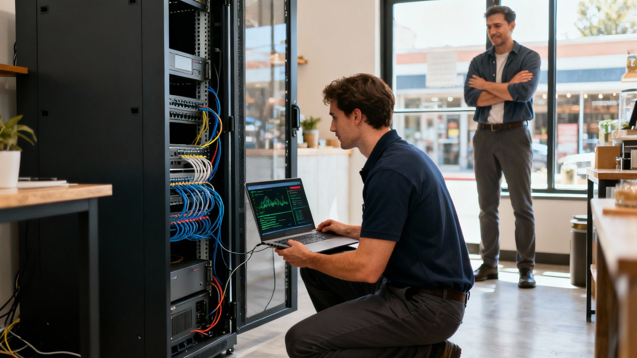 A technician working on network servers in a data center.