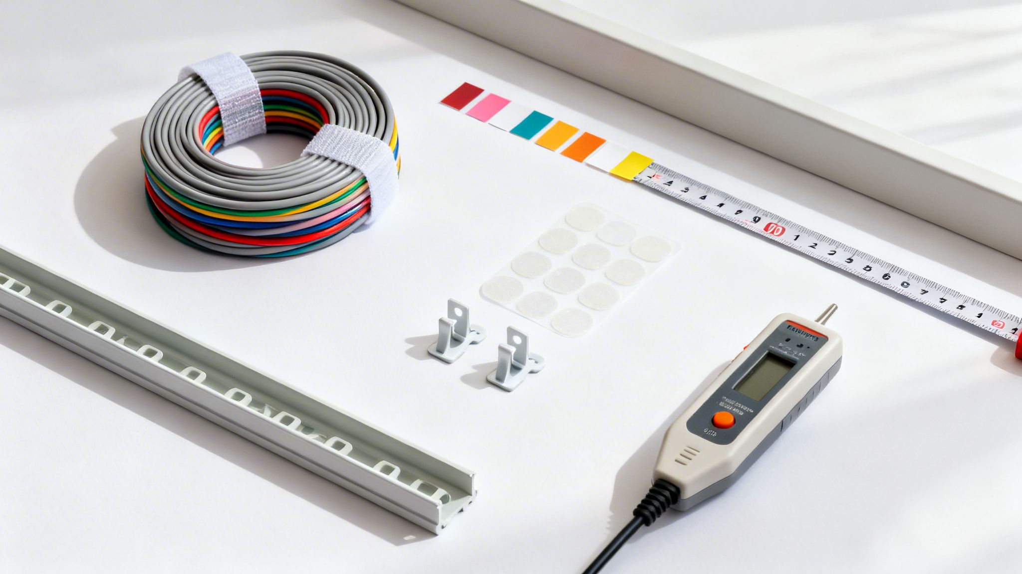 A flat lay of cable management tools: coiled wires, organizer track, measuring tape, labels, and tester.