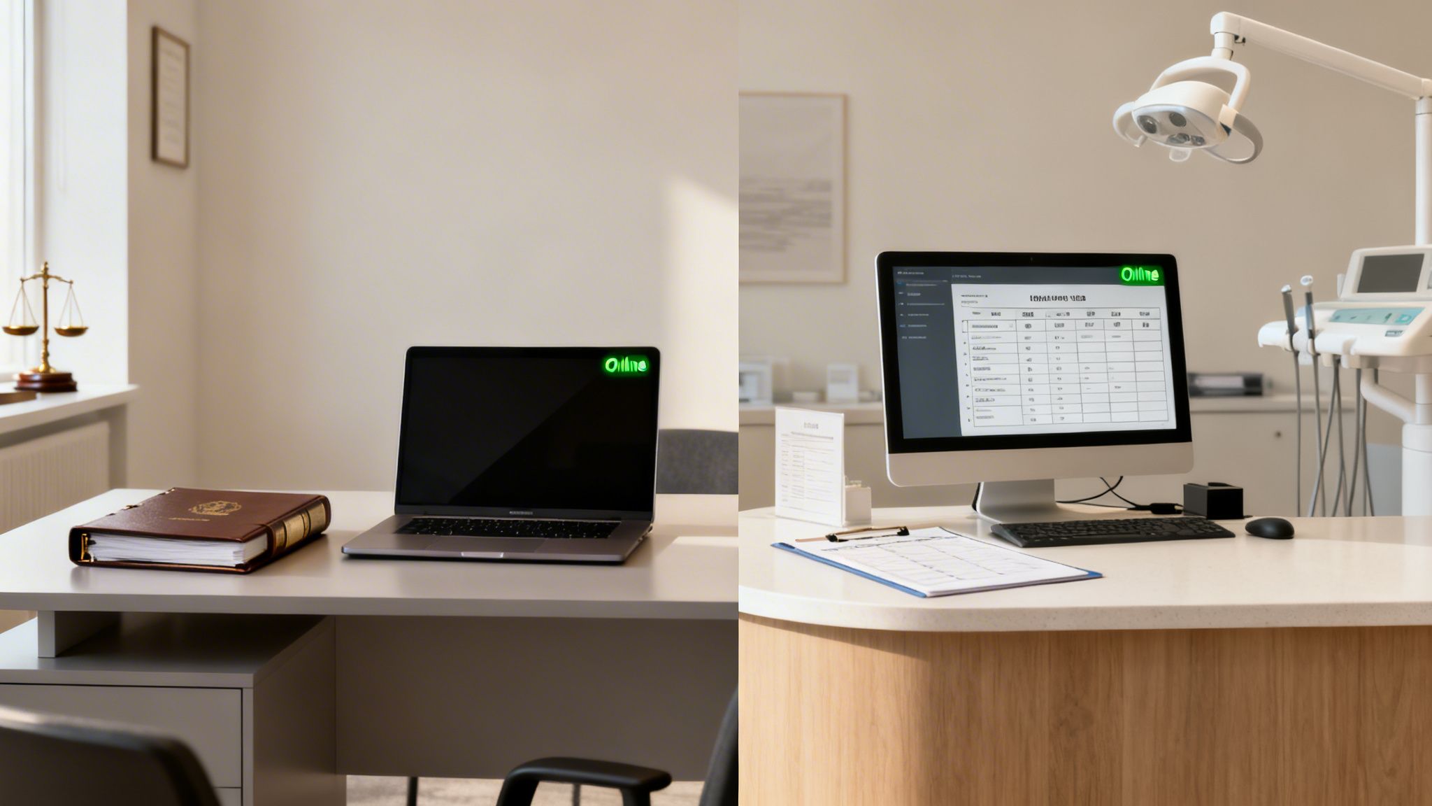 Two professional office settings, one legal and one dental, both featuring computers with 'Online' logos.