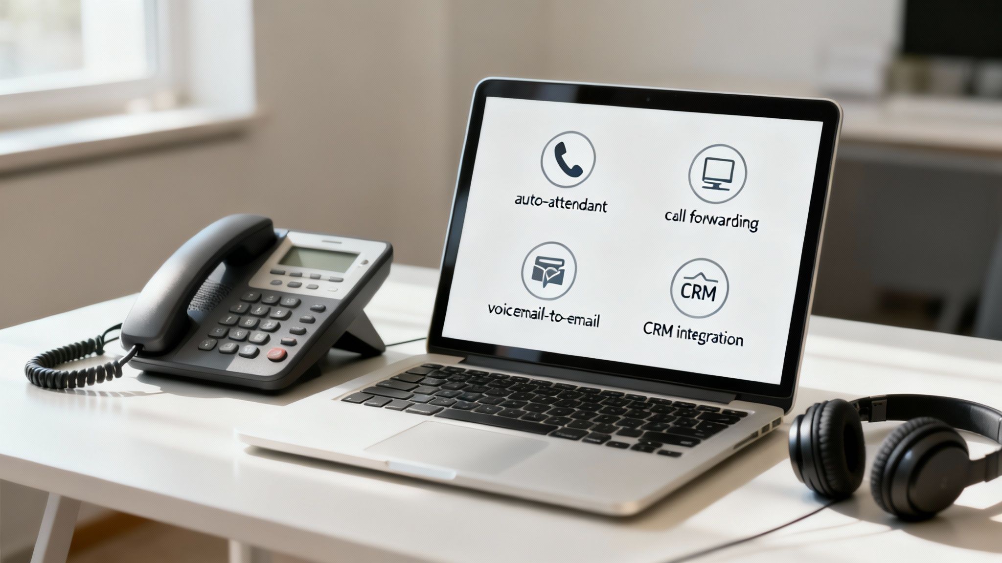 Laptop displaying VoIP phone system features with desk phone and headset on office desk